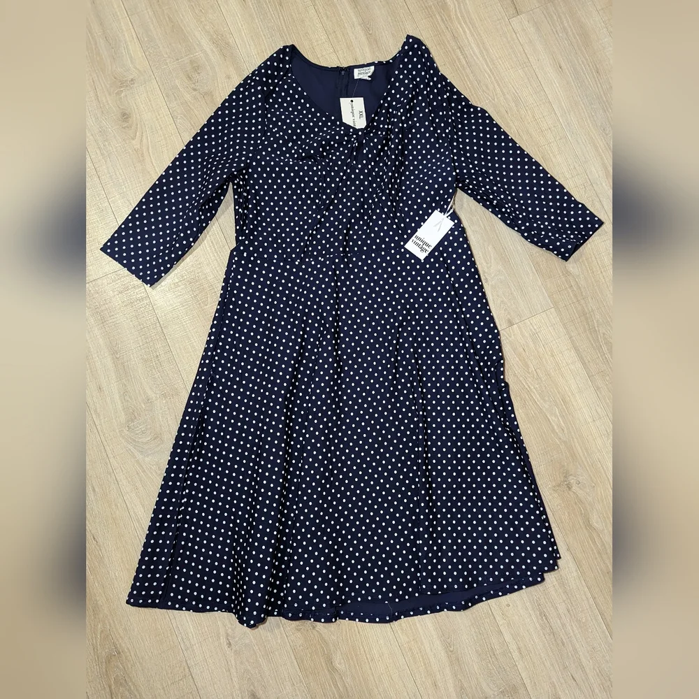 Unique Vintage Navy & White Polka Dot Long Sleeve Fit-and-Flare Dress - Picture 2 of 12